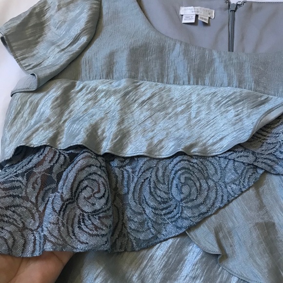 London Times Metallic Blue Lace Trim Ruffle Dress - Picture 9 of 15